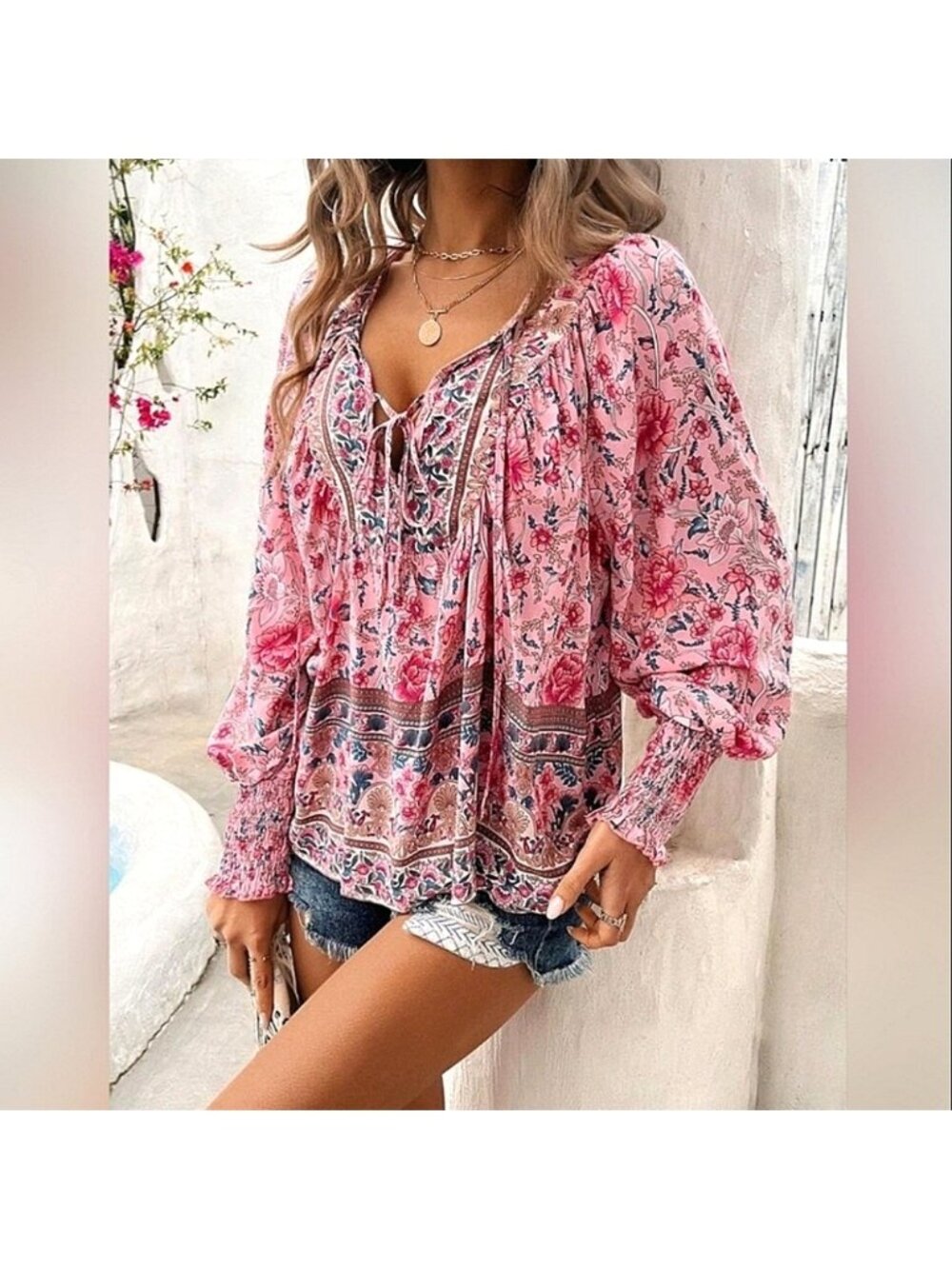 New Boho Flowy Floral Tie Top Blouse Shirt Pink Blue Tan White